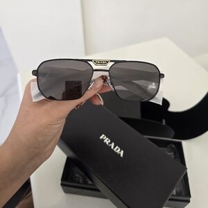 Prada Spr 58y Unisex Black Shield Sunglasses with Gold Logo Bridge